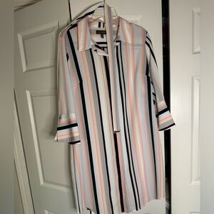 Knee length striped dress with tie around belt